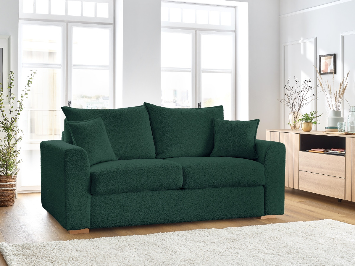 Bobochic Augustin Schlafsofa 3-Sitzer Bouclé-Stoff Grün, Liegefläche 140 × 200 cm