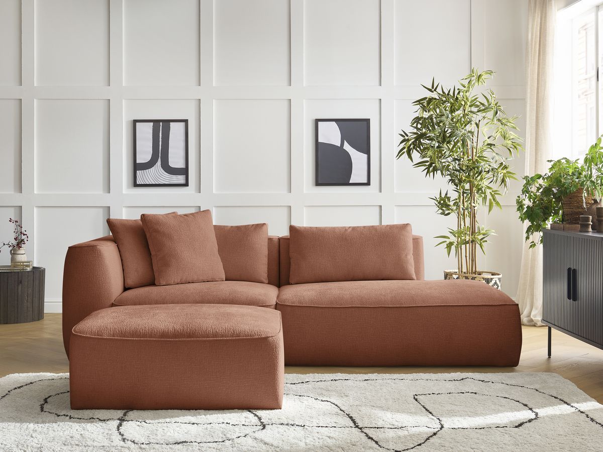 Bobochic Leopold Sofa 4-Sitzer mit Pouf Strukturstoff Orange Armlehne links