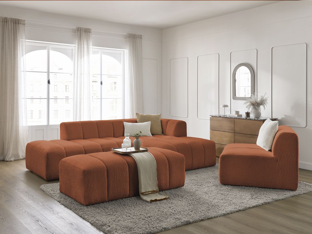 Bobochic Annecy Ecksofa mit Sofamodul und Pouf Bouclé-Stoff Orange Ecke rechts