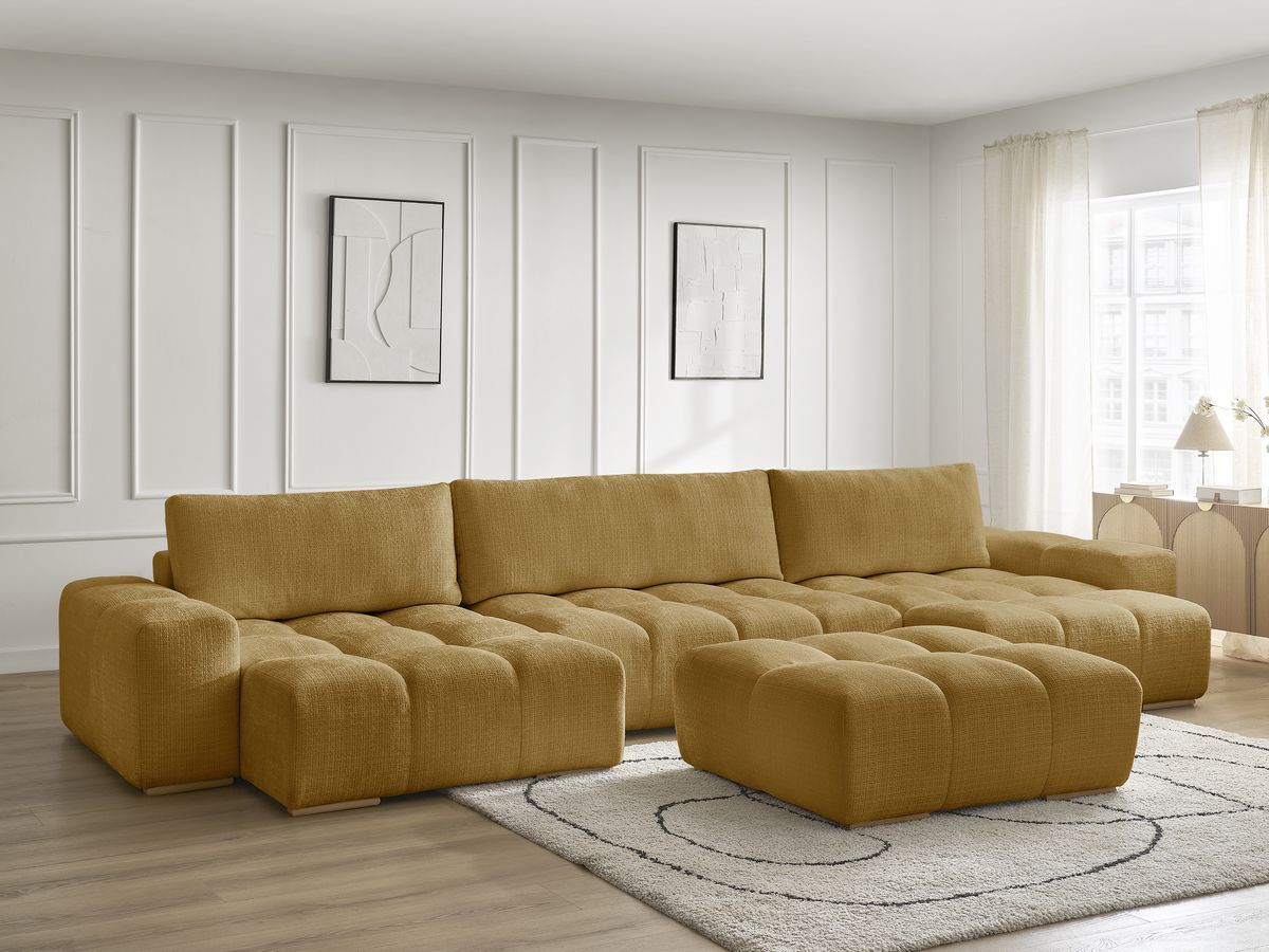 Bobochic Anakin Wohnlandschaft mit Pouf, 3 Kissen Strukturstoff Gelb