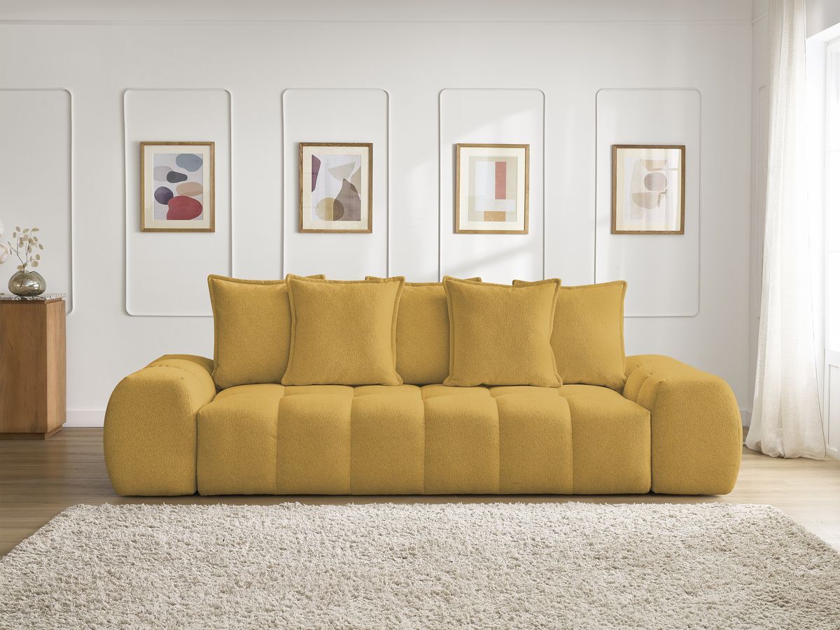 Bobochic Everest Schlafsofa 3-Sitzer mit Bettkasten, 5 Kissen Melange-Stoff Gelb
