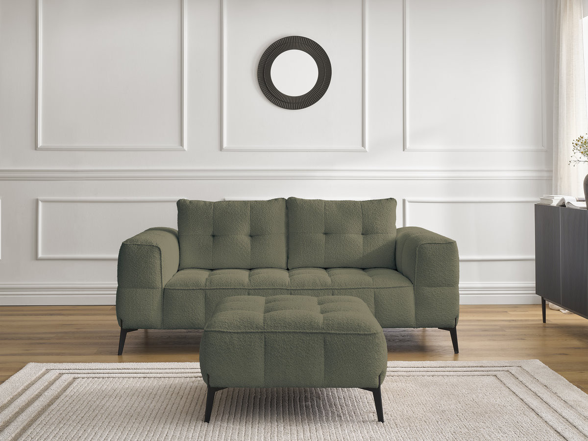 Bobochic Anis Sofa 2-Sitzer mit Pouf Bouclé-Stoff Grün