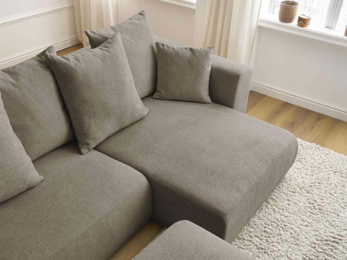 Bobochic Sidonie Ecksofa mit Schlaffunktion und Bettkasten und Pouf Melange-Stoff Taupe