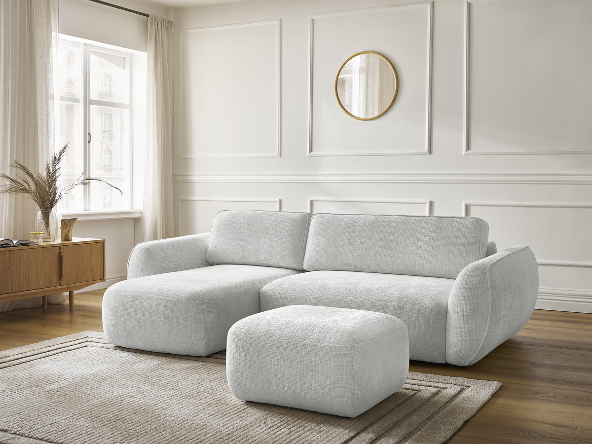 Bobochic Denise Ecksofa mit Schlaffunktion und Bettkasten und Pouf 258 × 160 cm Strukturstoff Hellgrau Ecke links