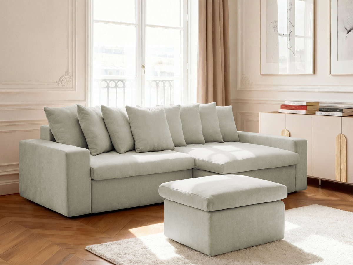 Bobochic Enore Ecksofa mit Pouf Stoff Beige Ecke rechts