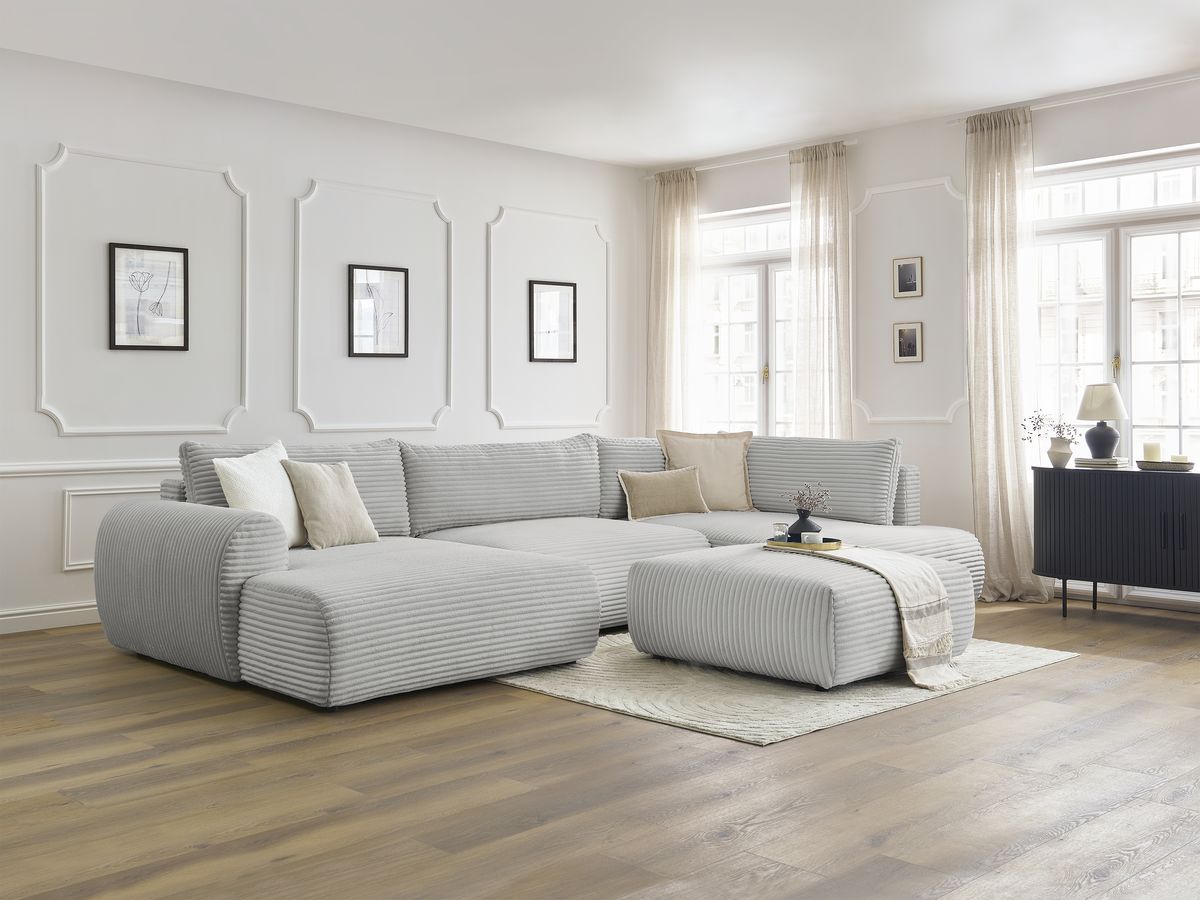 Bobochic Lucien Wohnlandschaft mit Pouf Breitcord weich Hellgrau Ecke links