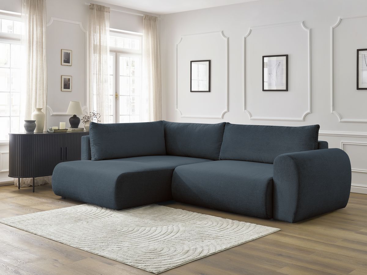 Bobochic Lucien Ecksofa mit Schlaffunktion und Bettkasten 296 × 198 cm Stoff Dunkelblau Ecke links