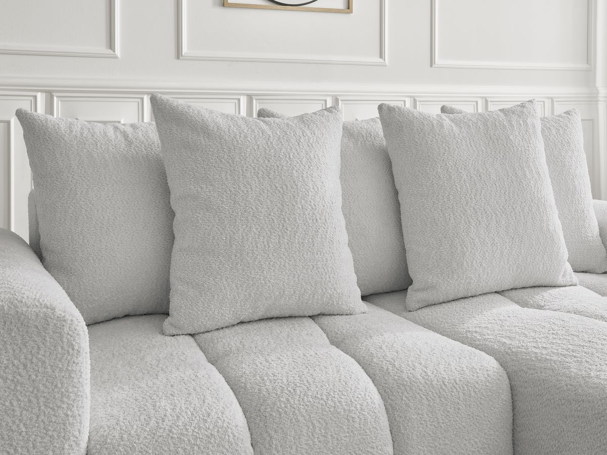 Bobochic Roxelane Ecksofa mit Schlaffunktion und Bettkasten und Pouf 258 × 150 cm Bouclé-Stoff Hellgrau Ecke rechts