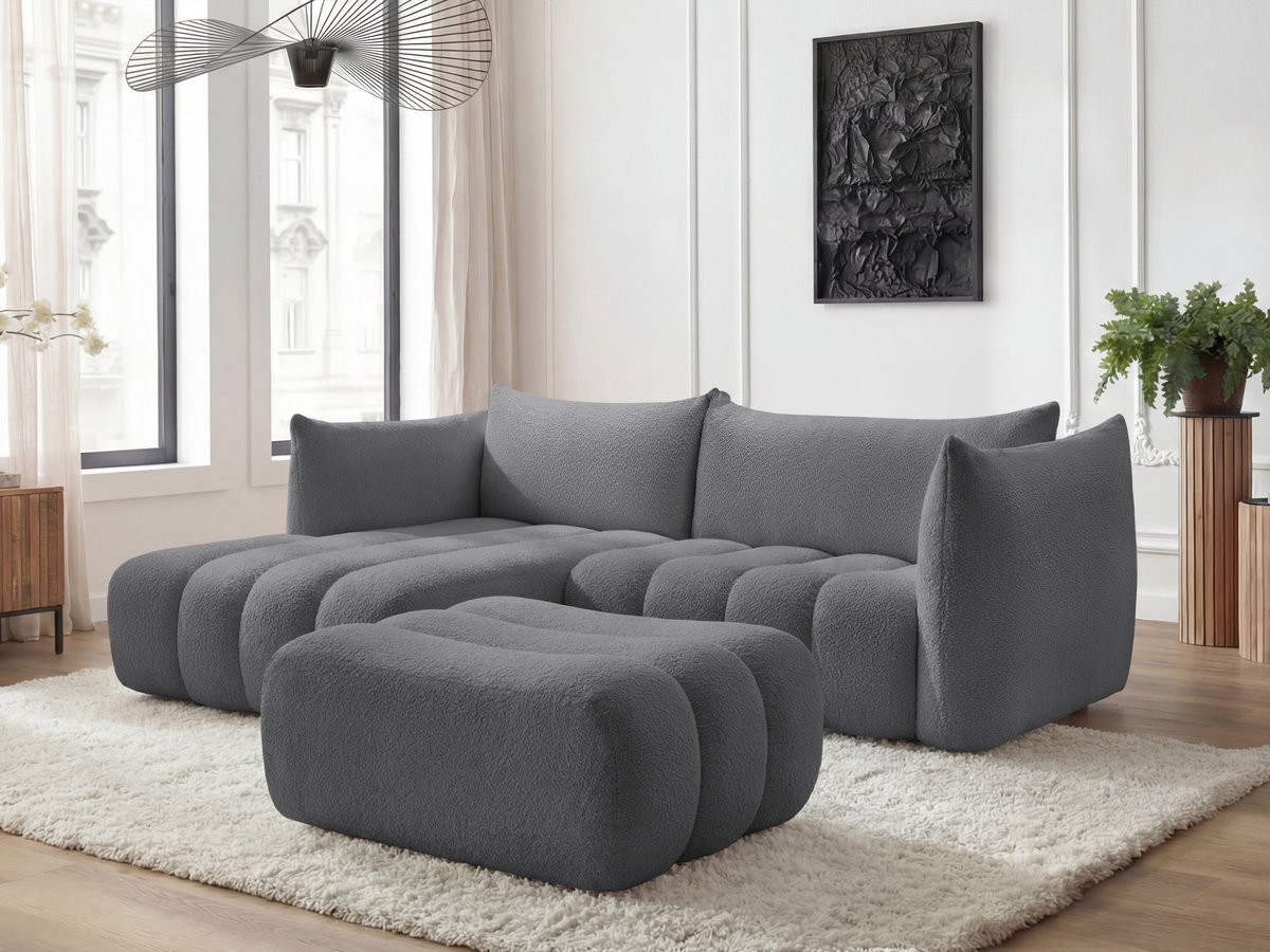 Bobochic Azra Ecksofa mit Pouf 262 × 178 cm Bouclé-Stoff Dunkelgrau Ecke links