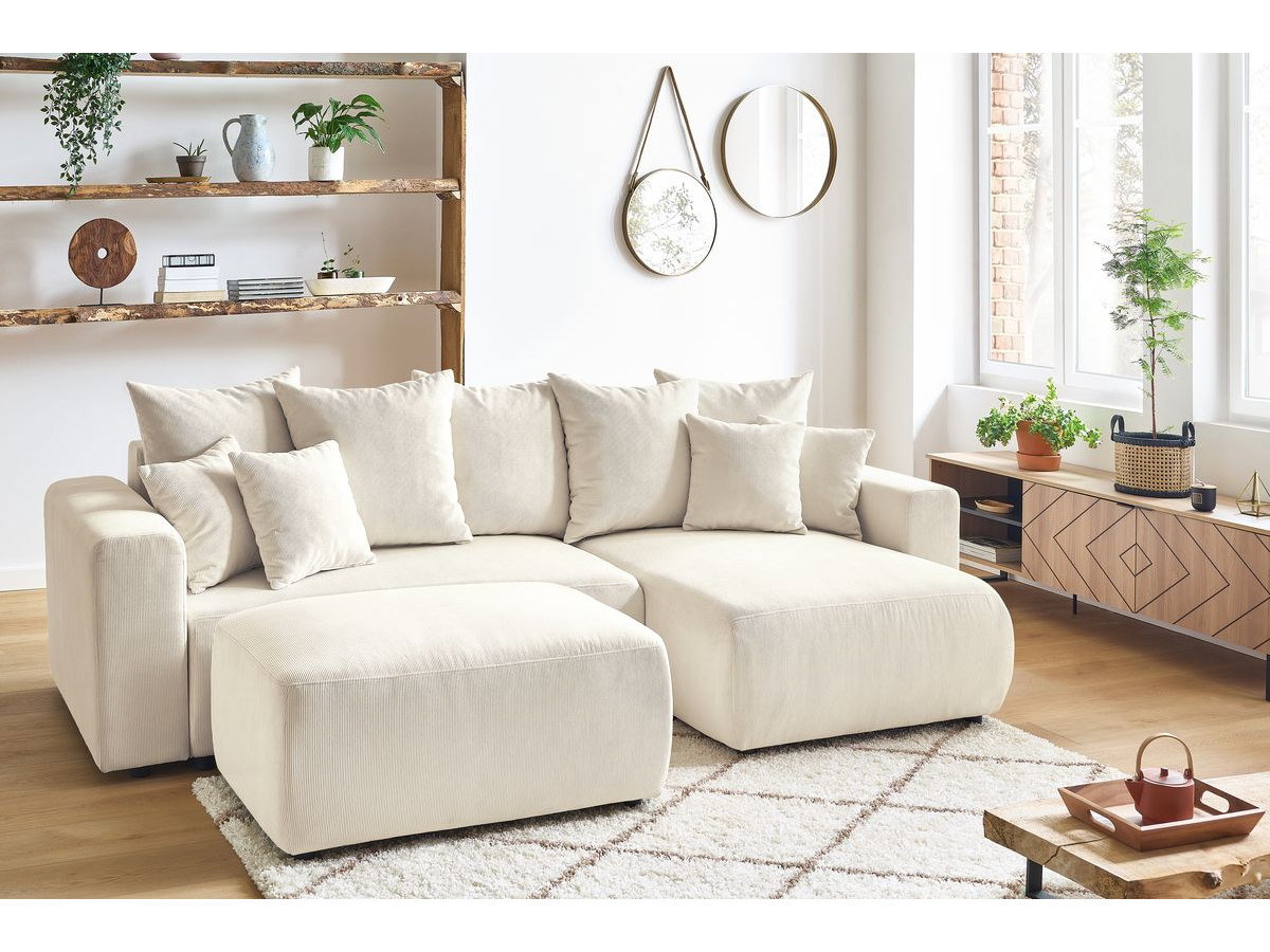 Bobochic Envy Ecksofa mit Schlaffunktion und Bettkasten und Pouf Cordsamt Beige