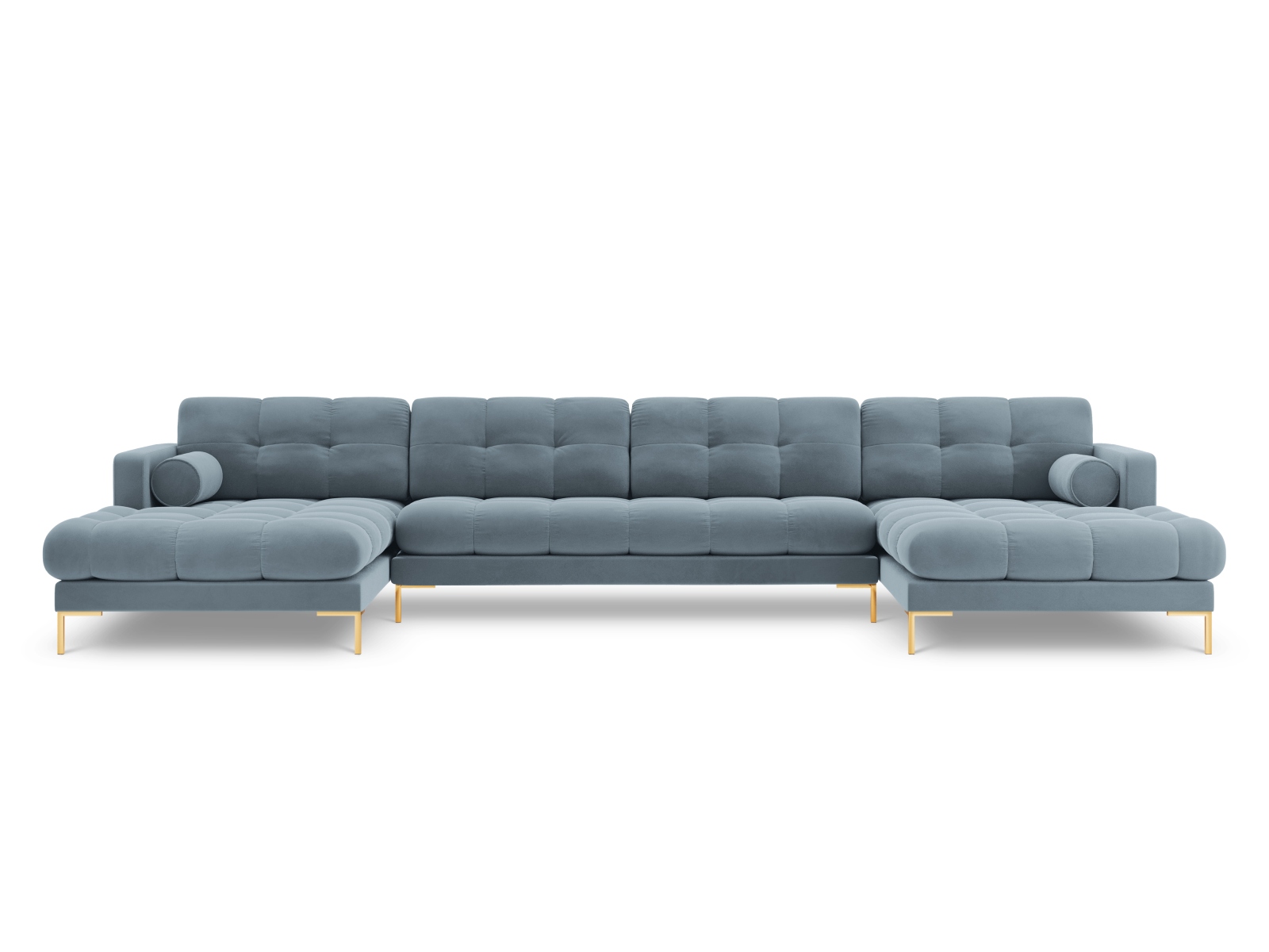 Cosmopolitan Design Panoramasofa Bali 7-Sitzer 383 cm Samt Bluvel Hellblau Beine Gold