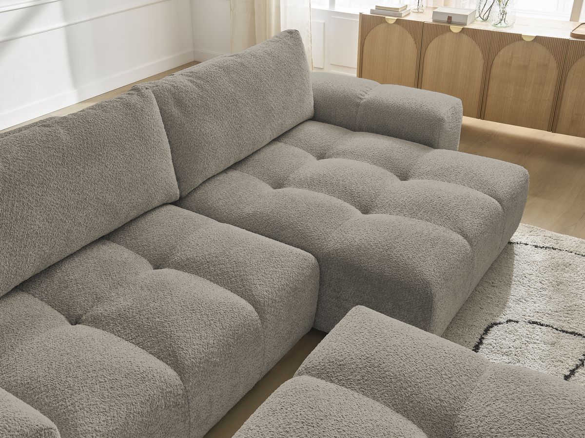 Bobochic Anakin Ecksofa mit Schlaffunktion und Bettkasten und Pouf, 2 Kissen Bouclé-Stoff Taupe