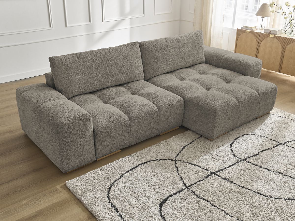 Bobochic Anakin Ecksofa mit Schlaffunktion und Bettkasten, 2 Kissen Bouclé-Stoff Taupe