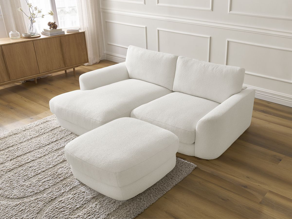 Bobochic Leonore Ecksofa mit Pouf Bouclé-Stoff Weiß Ecke links