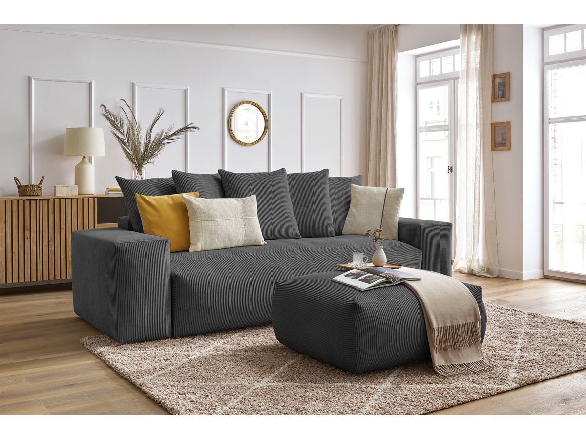 Bobochic Voltaire Schlafsofa 4-Sitzer mit Bettkasten und Pouf Cordsamt Dunkelgrau