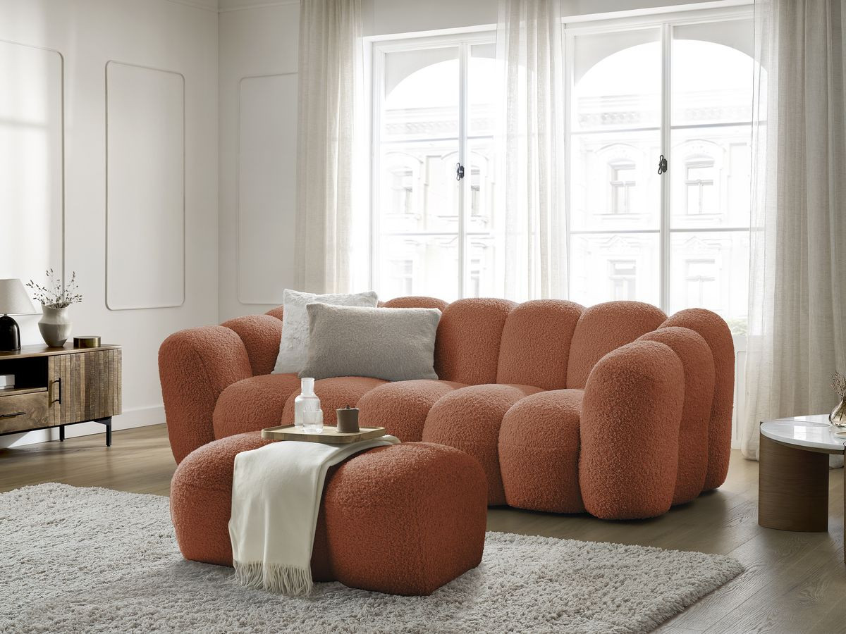 Bobochic Hippolyte Sofa 3-Sitzer mit Pouf Bouclé-Stoff Orange