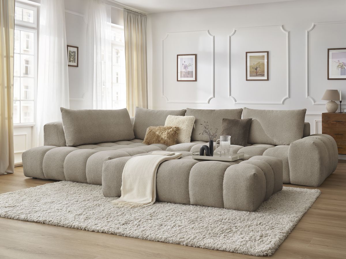 Bobochic Everest Ecksofa mit Schlaffunktion und Pouf, 4 Kissen Melange-Stoff Taupe Ecke links