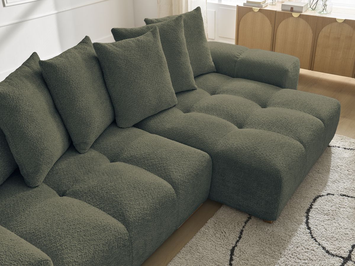 Bobochic Anakin Ecksofa, 6 Kissen Bouclé-Stoff Grün