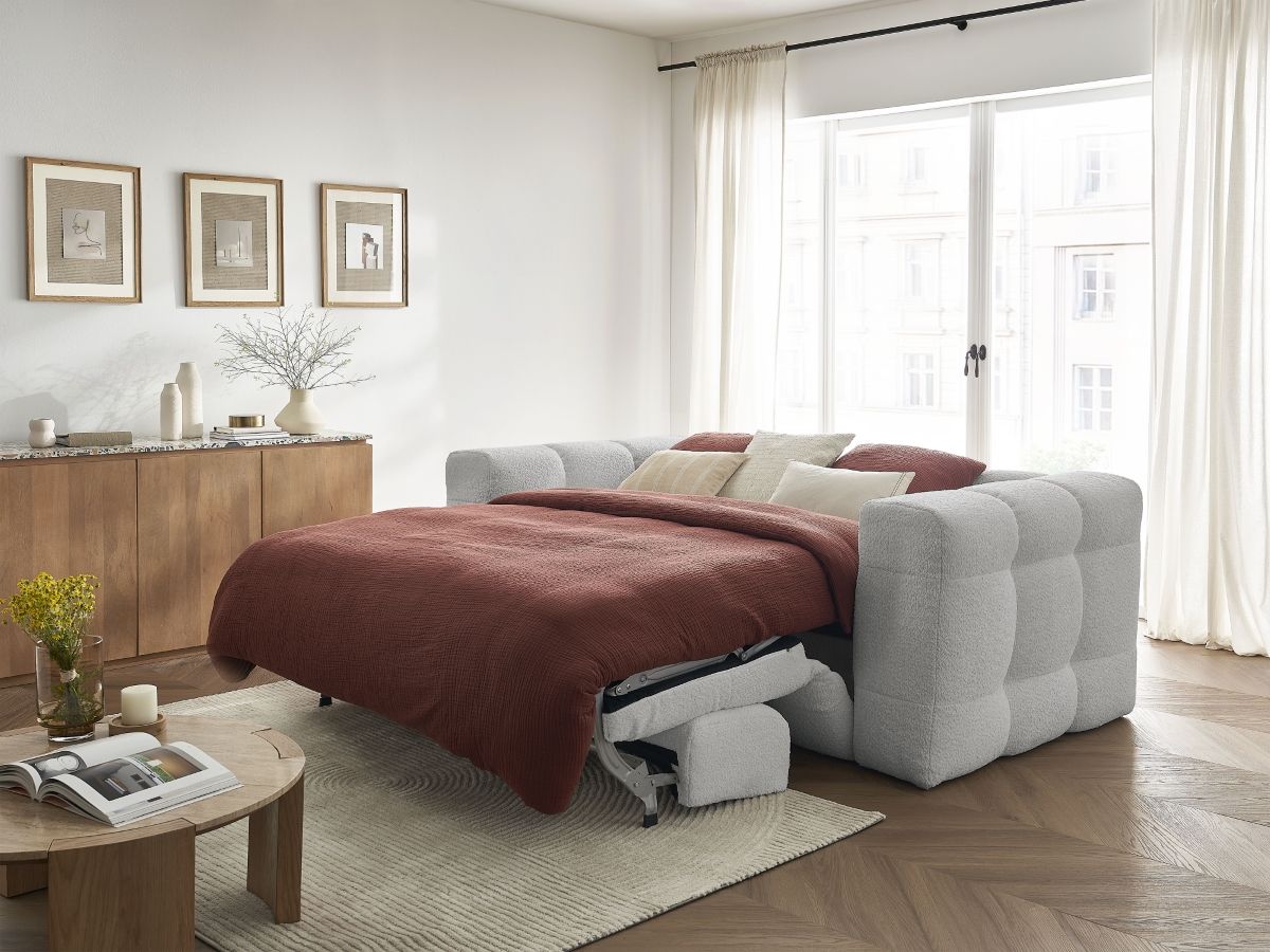 Bobochic Cloud Schlafsofa 3-Sitzer Bouclé-Stoff Hellgrau