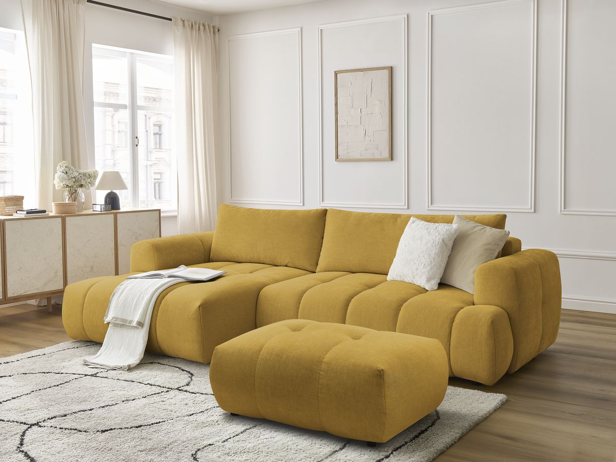 Bobochic Fuji Ecksofa mit Schlaffunktion und Bettkasten und Pouf 292 × 160 cm Stoff Gelb Ecke links