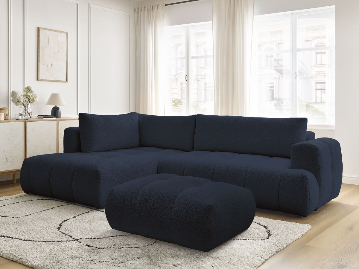 Bobochic Fuji Ecksofa mit Schlaffunktion und Bettkasten und Pouf 282 × 204 cm Bouclé-Stoff Dunkelblau Ecke links