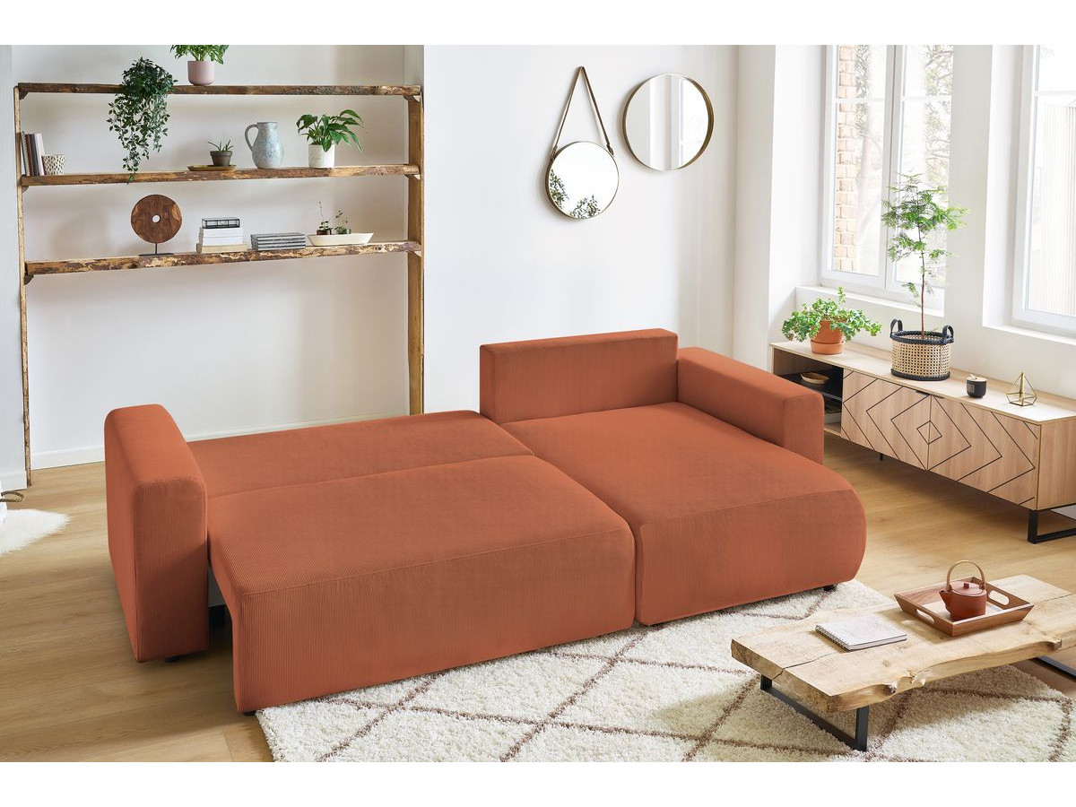 Bobochic Envy Ecksofa mit Schlaffunktion und Bettkasten und Pouf Cordsamt Orange