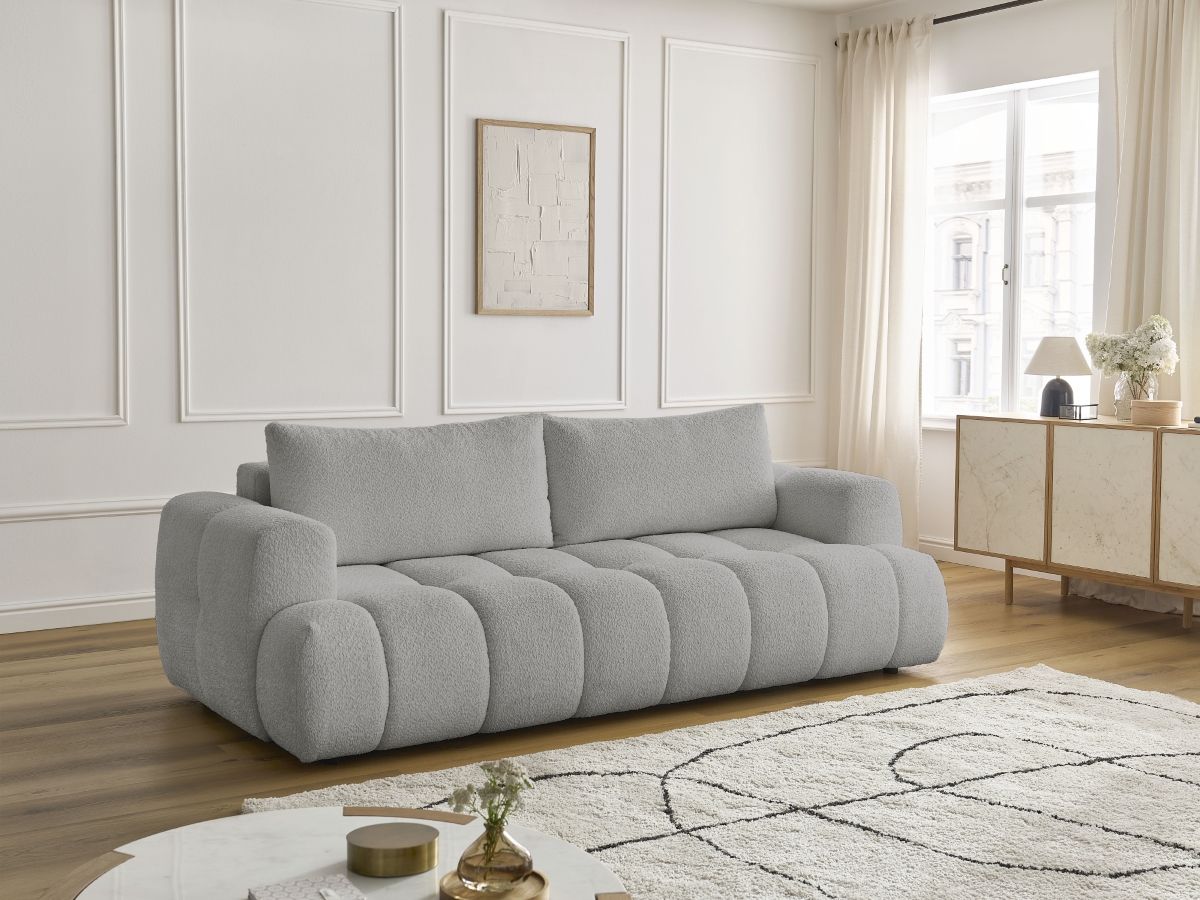 Bobochic Fuji Schlafsofa 3-Sitzer mit Bettkasten Bouclé-Stoff Hellgrau
