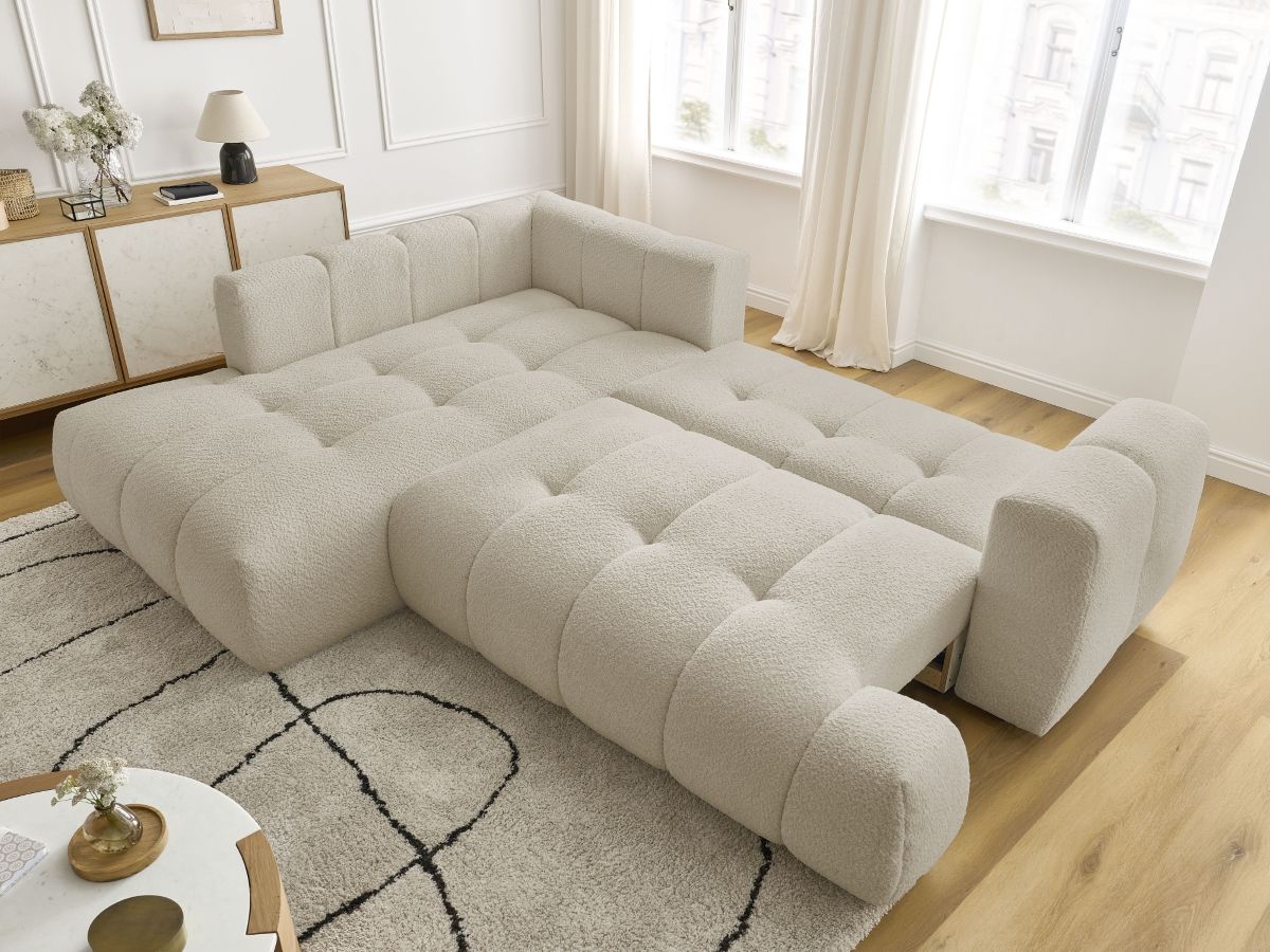 Bobochic Fuji Ecksofa mit Schlaffunktion und Bettkasten 282 × 204 cm Bouclé-Stoff Beige Ecke links