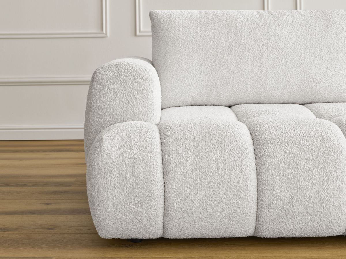 Bobochic Fuji Schlafsofa 3-Sitzer mit Bettkasten und Pouf Bouclé-Stoff Weiß
