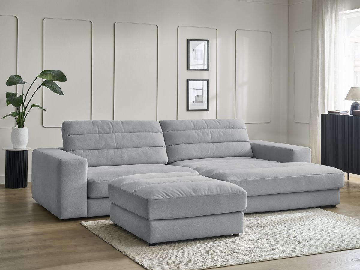 Bobochic Sierra Ecksofa mit Pouf Samt Hellgrau Ecke rechts