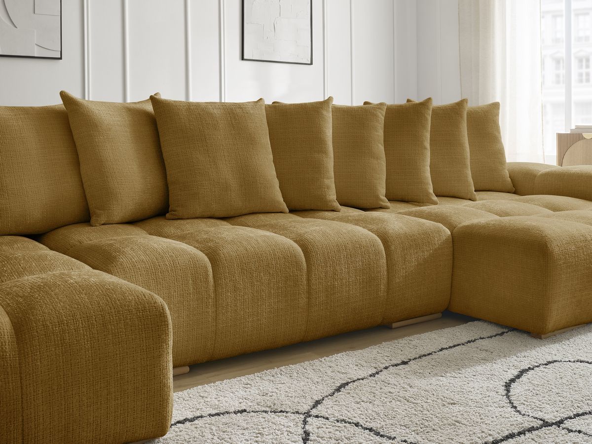 Bobochic Anakin Wohnlandschaft mit Pouf, 10 Kissen Strukturstoff Gelb