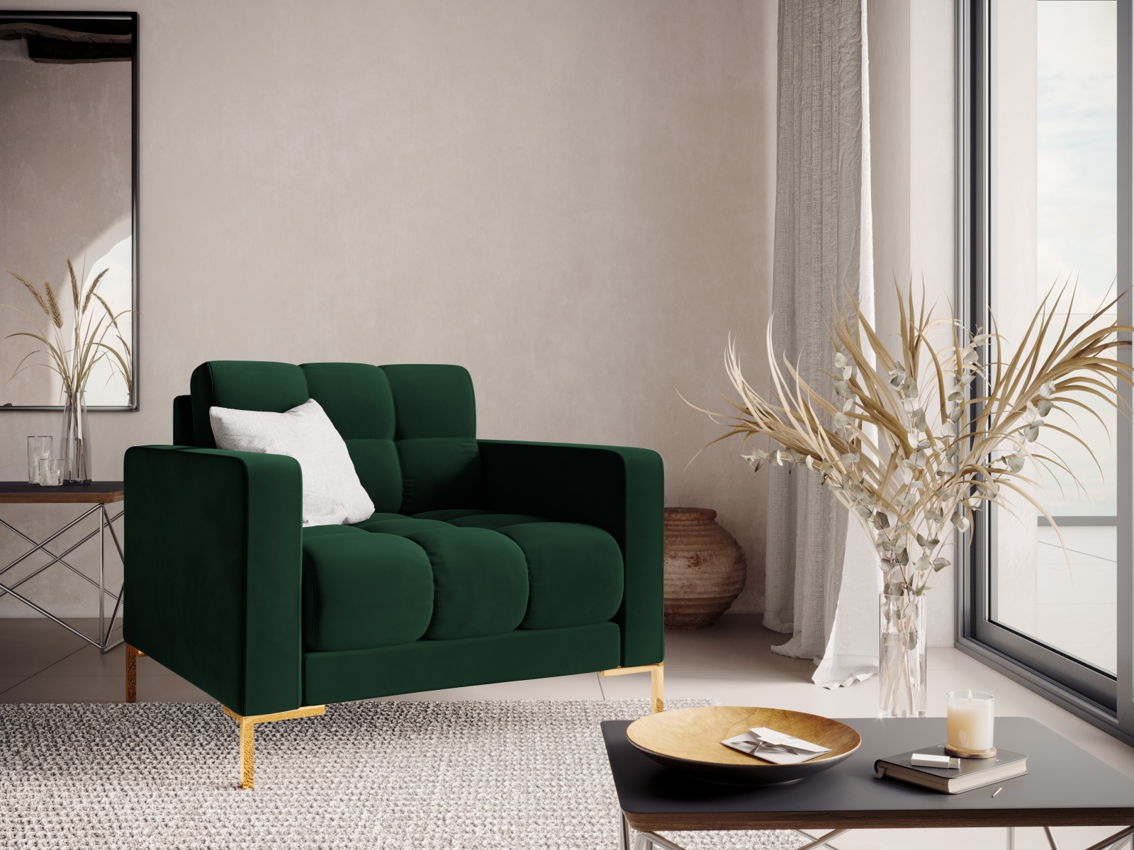 Cosmopolitan Design Sessel Bali Samt Bluvel Flaschengrün Beine Gold