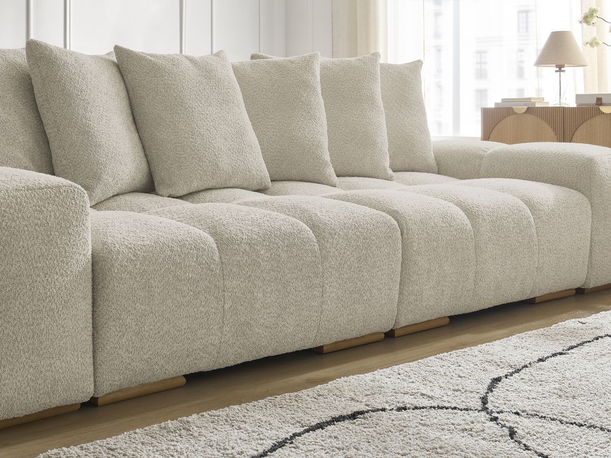 Bobochic Anakin Schlafsofa 3-Sitzer mit Bettkasten und Pouf, 6 Kissen Bouclé-Stoff Beige