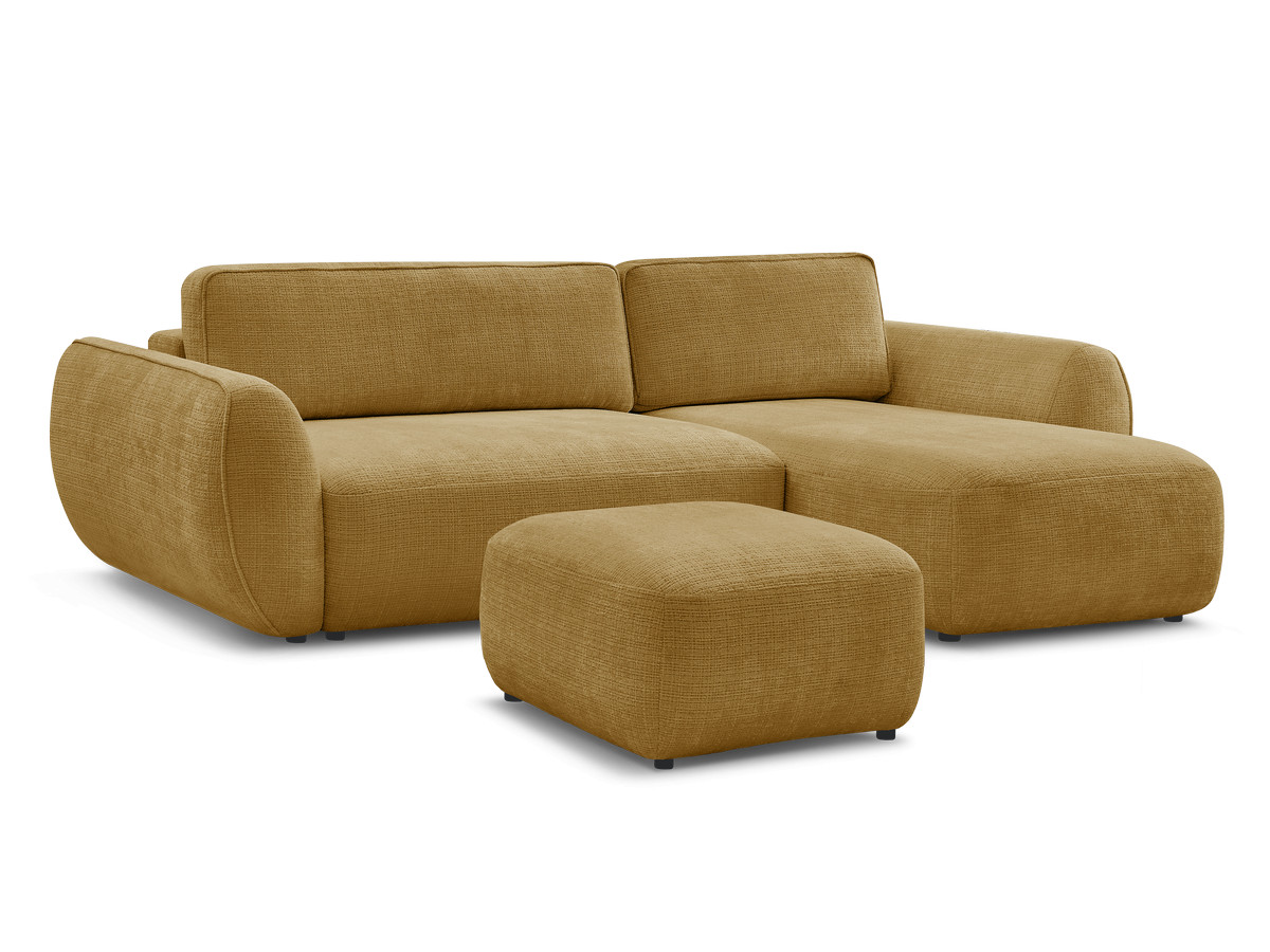 Bobochic Denise Ecksofa mit Schlaffunktion und Bettkasten und Pouf 258 × 160 cm Strukturstoff Gelb Ecke rechts