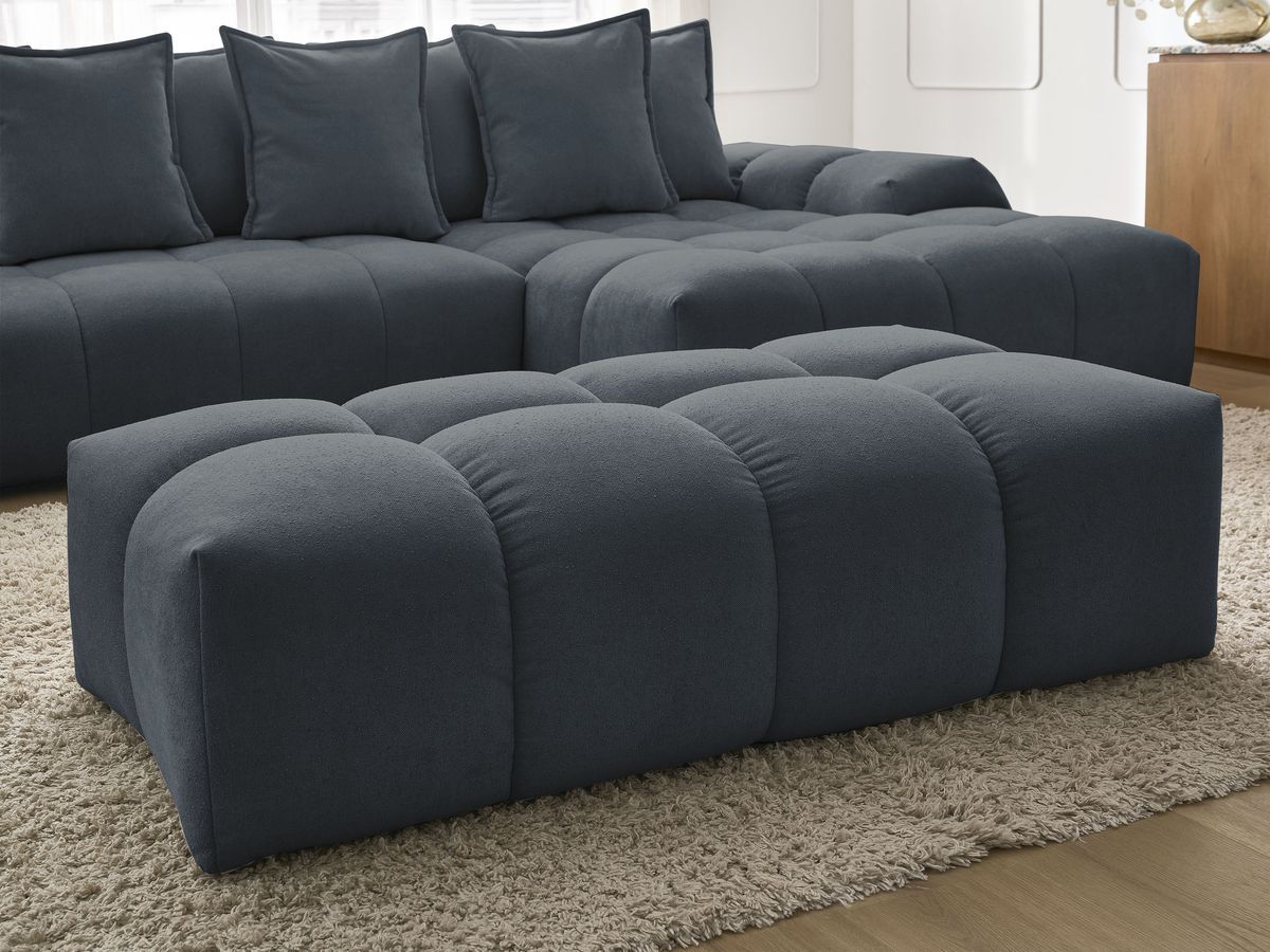 Bobochic Everest Ecksofa mit Schlaffunktion und Bettkasten und Pouf 318 × 180 cm, 7 Kissen Strukturstoff Blau Ecke rechts