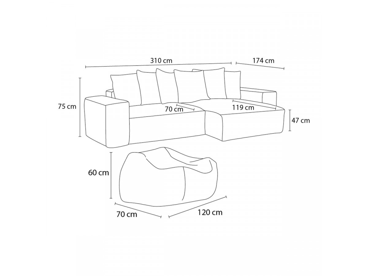 Bobochic Voltaire Ecksofa mit Pouf 310 × 174 cm Cordsamt Orange