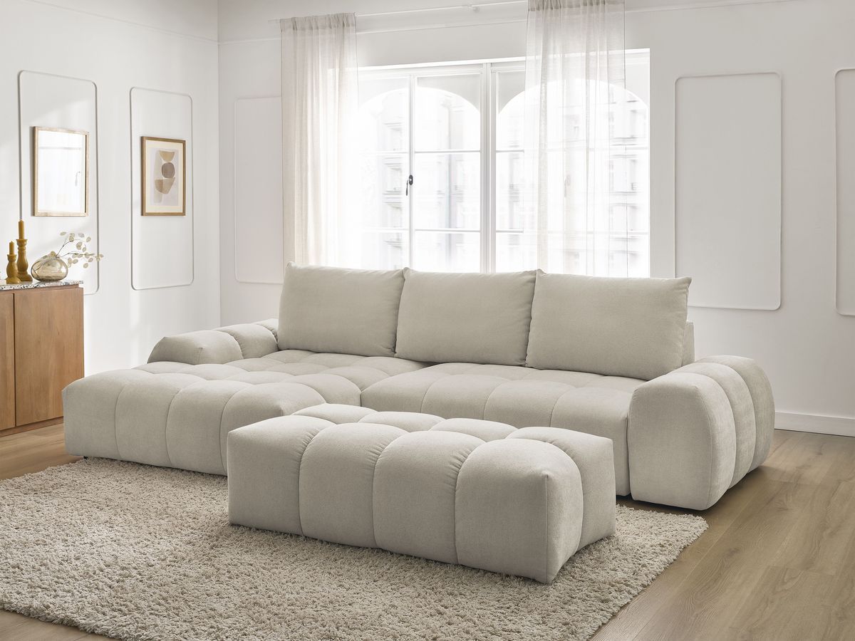 Bobochic Everest Ecksofa mit Schlaffunktion und Bettkasten und Pouf 318 × 180 cm, 3 Kissen Strukturstoff Beige Ecke links