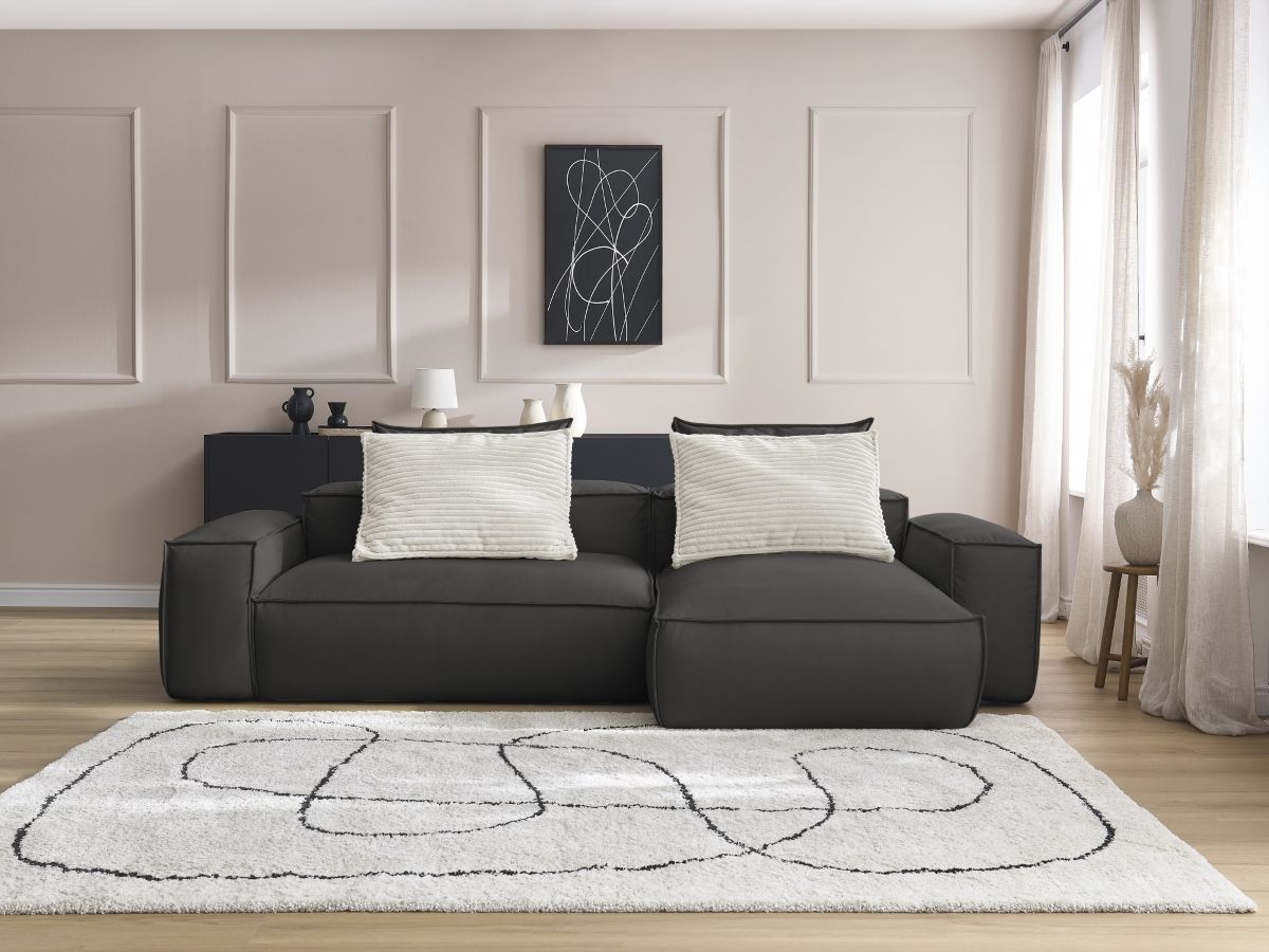 Bobochic Boheme Ecksofa, 3 Kissen Kunstleder Schwarz