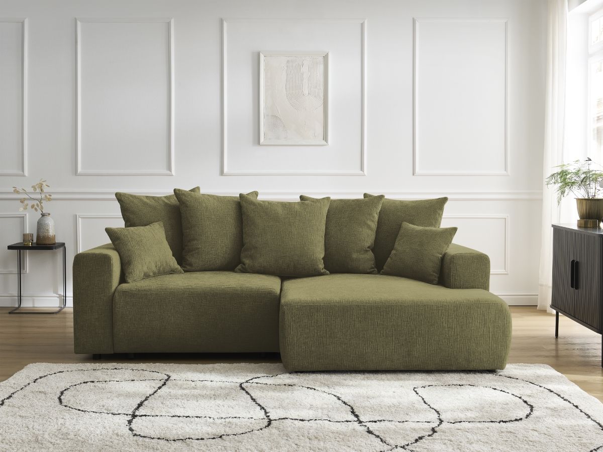 Bobochic Atilla Ecksofa mit Schlaffunktion und Bettkasten Strukturstoff Grün Ecke rechts