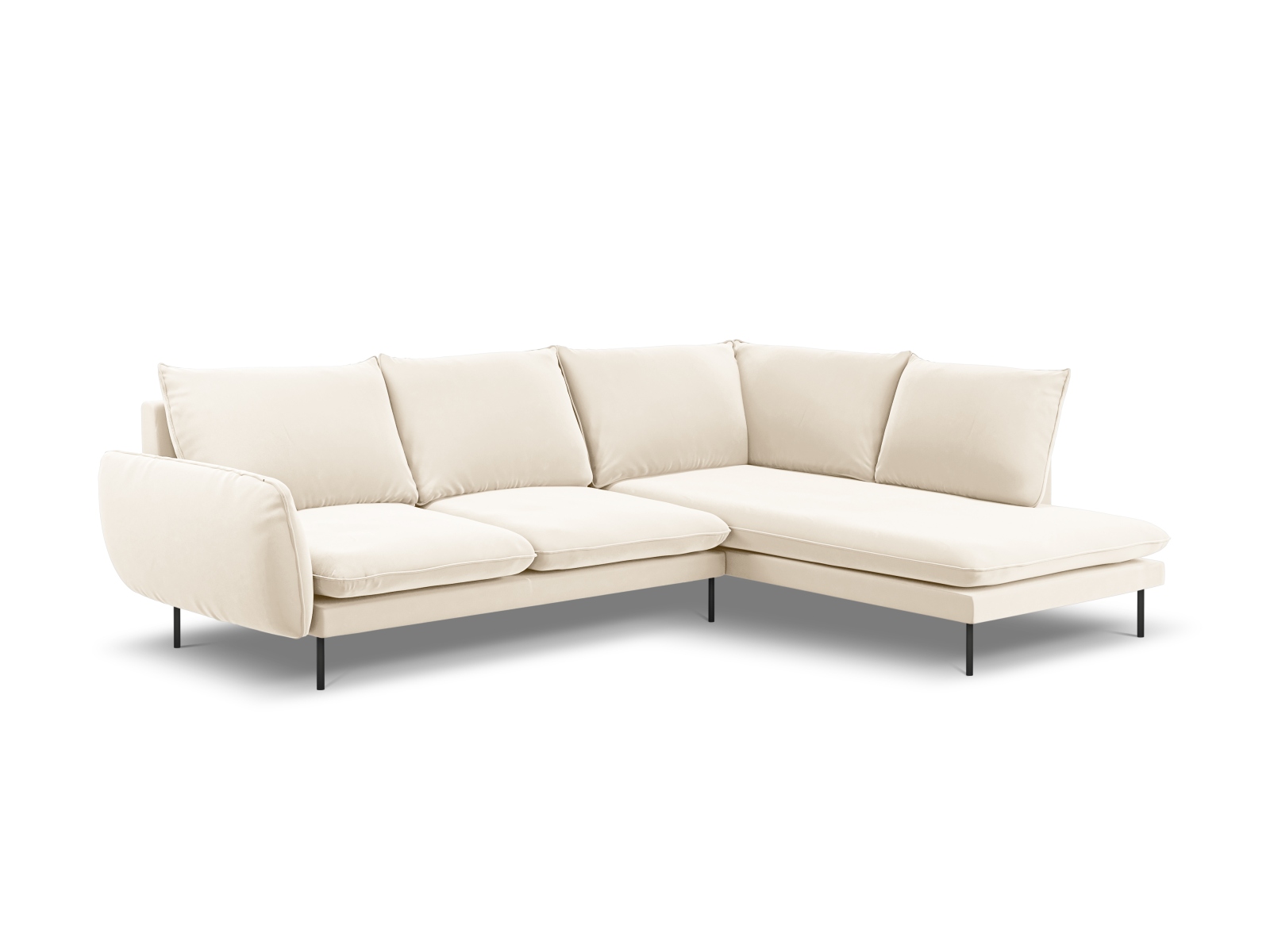 Cosmopolitan Design Ecksofa Vienna 6-Sitzer Samt Bluvel Helles Beige Rechts Beine Schwarzes Metall