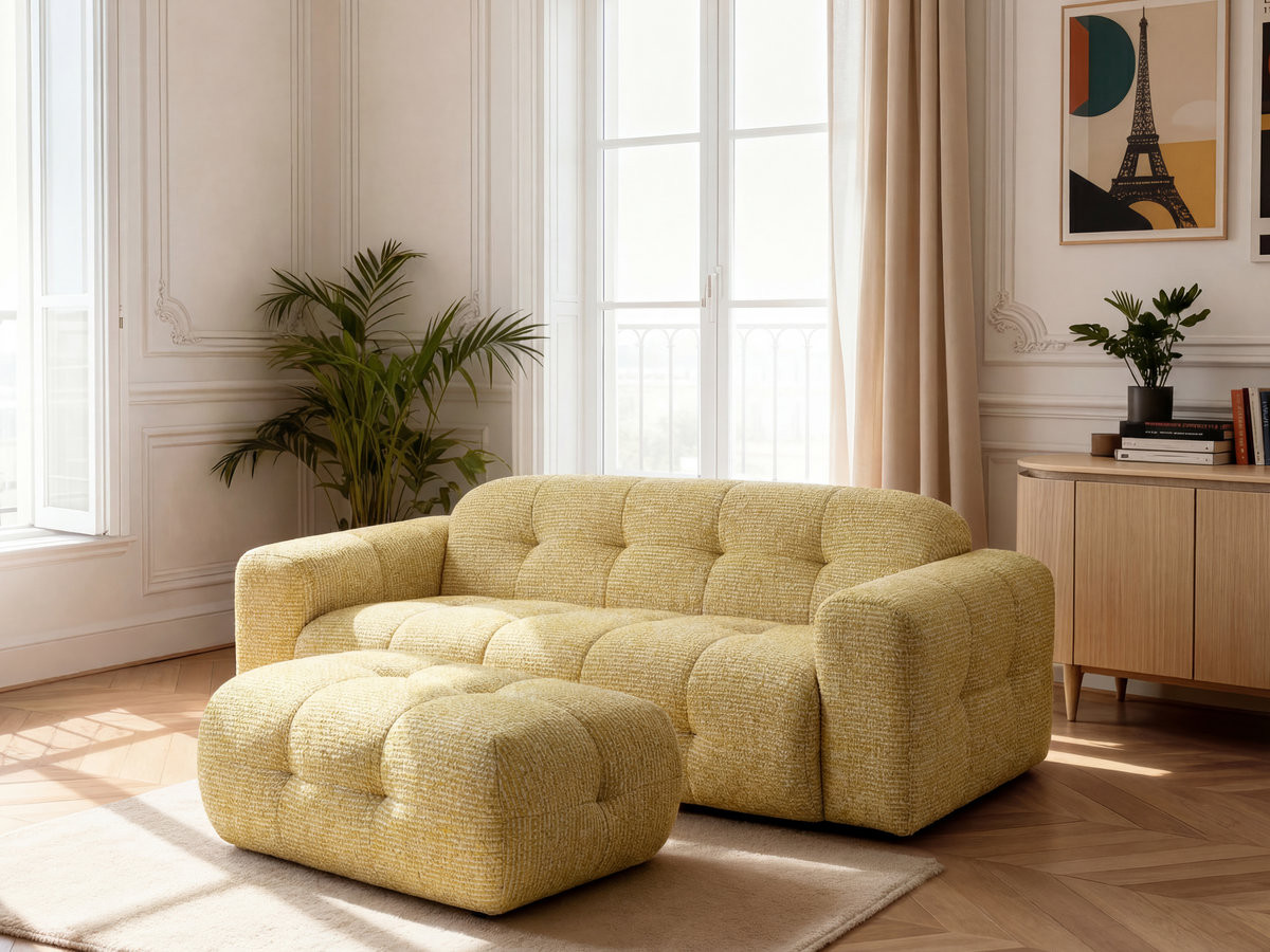 Bobochic Laura Sofa 3-Sitzer mit kleinem Pouf Melange-Stoff Gelb