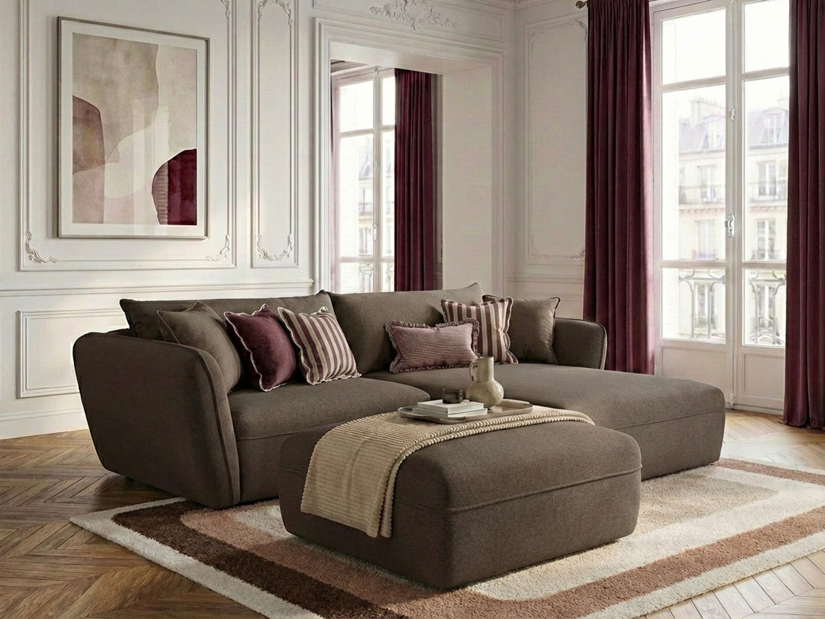 Bobochic Luigi Ecksofa mit Pouf Strukturstoff Taupe Ecke rechts