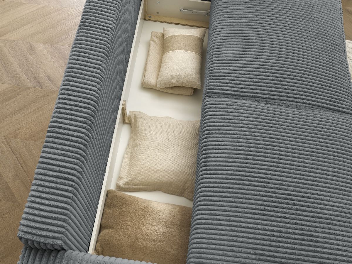 Bobochic Chelsea Schlafsofa 4-Sitzer mit Bettkasten und Pouf Breitcord weich Dunkelgrau