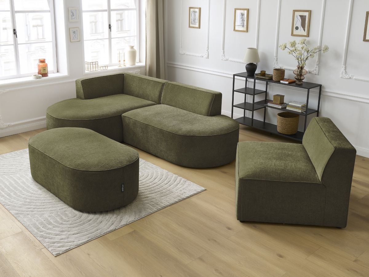Bobochic Rousseau Ecksofa mit Sofamodul und Pouf Strukturstoff Grün Ecke links