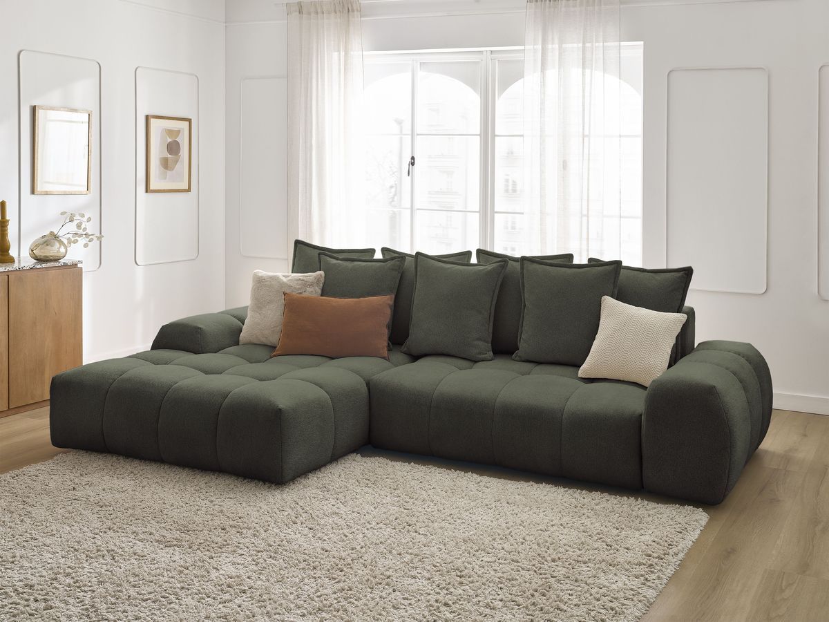 Bobochic Everest Ecksofa mit Schlaffunktion und Bettkasten 318 × 180 cm, 7 Kissen Melange-Stoff Grün Ecke links