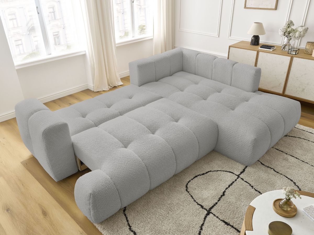 Bobochic Fuji Ecksofa mit Schlaffunktion und Bettkasten 282 × 204 cm Bouclé-Stoff Hellgrau Ecke rechts