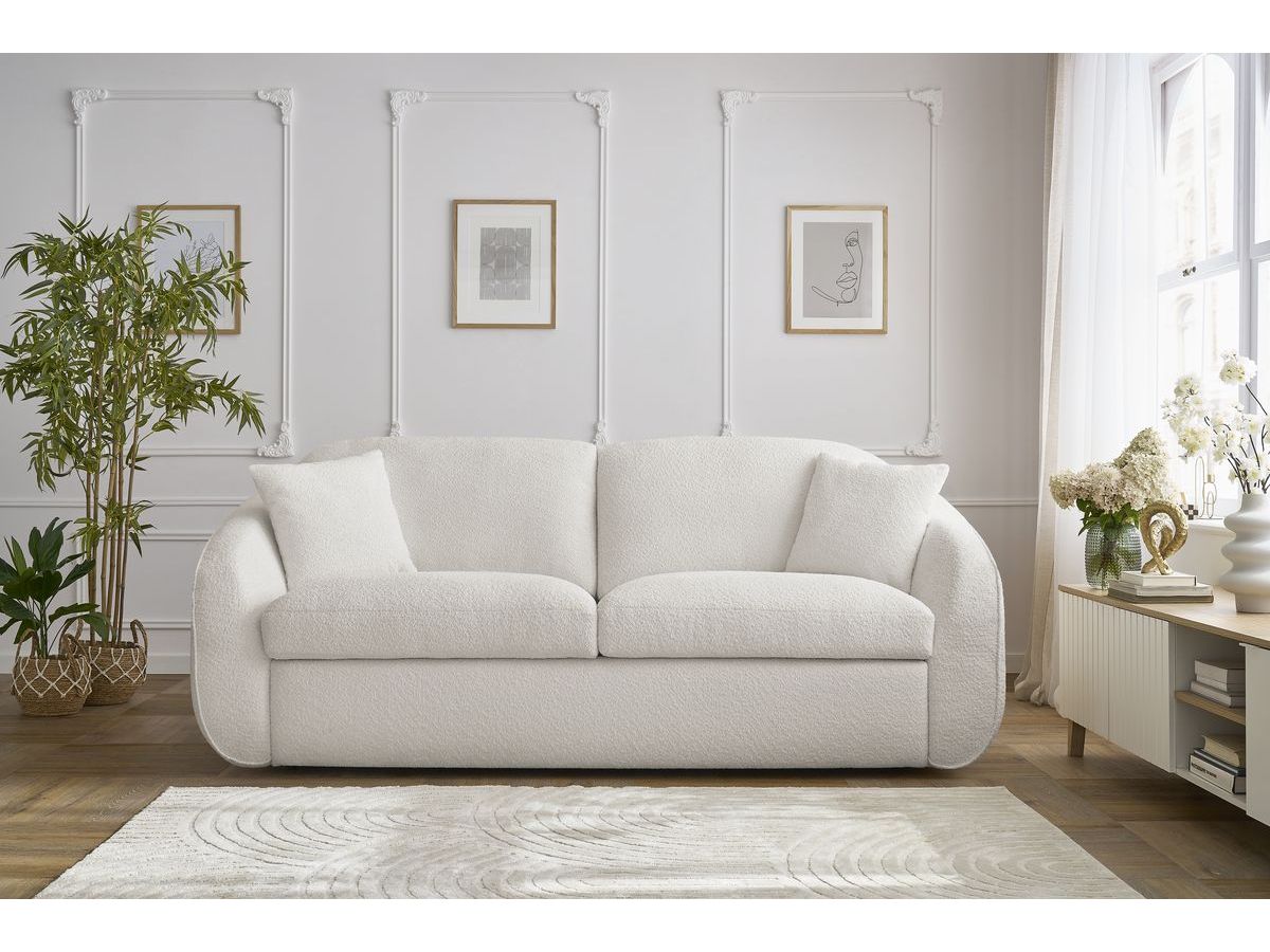Bobochic Cezanne Schlafsofa 3-Sitzer Bouclé-Stoff Weiß, Liegefläche 160 × 194 cm