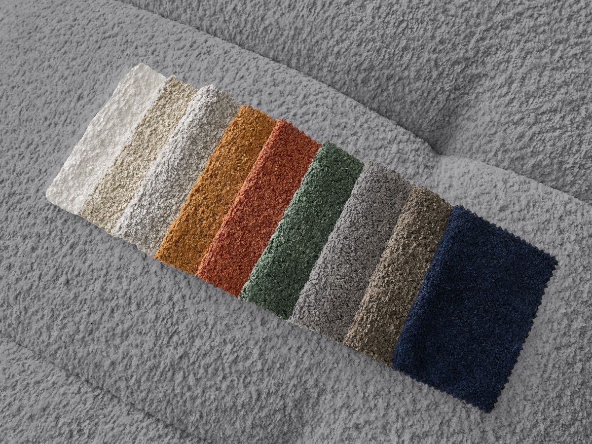 Bobochic Fuji Ecksofa mit Schlaffunktion und Bettkasten und Pouf 282 × 204 cm Bouclé-Stoff Dunkelgrau Ecke rechts