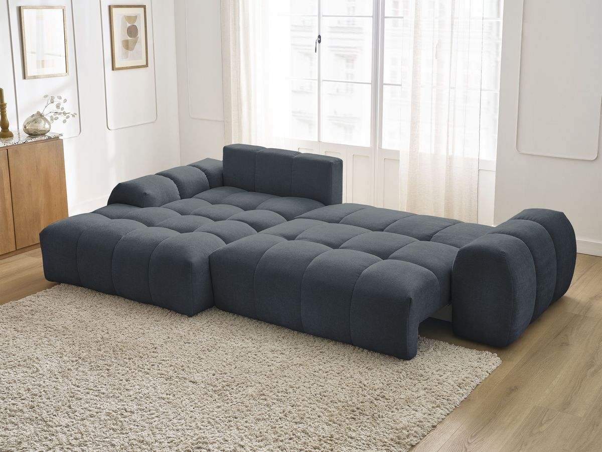 Bobochic Everest Ecksofa mit Schlaffunktion und Bettkasten 318 × 180 cm, 3 Kissen Strukturstoff Dunkelblau Ecke links