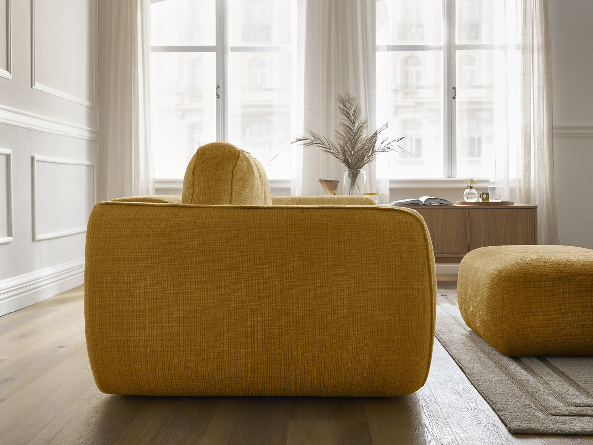 Bobochic Denise Schlafsofa 3-Sitzer mit Bettkasten und Pouf Strukturstoff Gelb